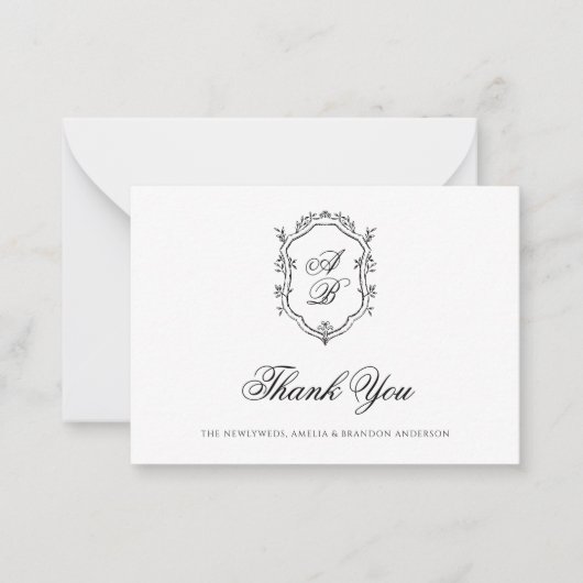 Formele Zwart & Wit Bloemen Monogram Crest Bruilof Notitiekaartje (Voorkant)