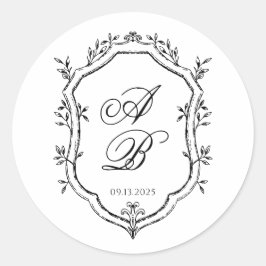 Formele Zwart & Wit Bloemen Monogram Crest Bruilof Ronde Sticker