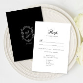 Formele Zwart & Wit Bloemen Monogram Crest Bruilof RSVP Kaartje