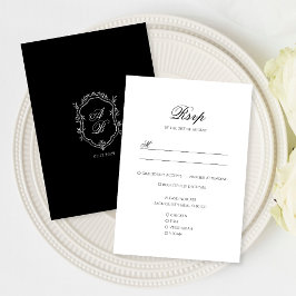 Formele Zwart & Wit Bloemen Monogram Crest Bruilof RSVP Kaartje