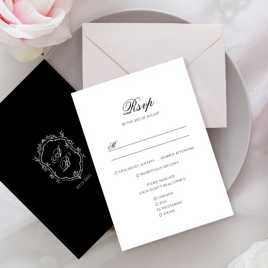 Formele Zwart & Wit Bloemen Monogram Crest Bruilof RSVP Kaartje