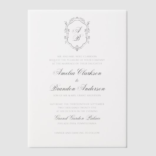 Formele Zwart & Wit Bloemen Monogram Crest Bruilof Vellum Uitnodigingen (Voorkant)