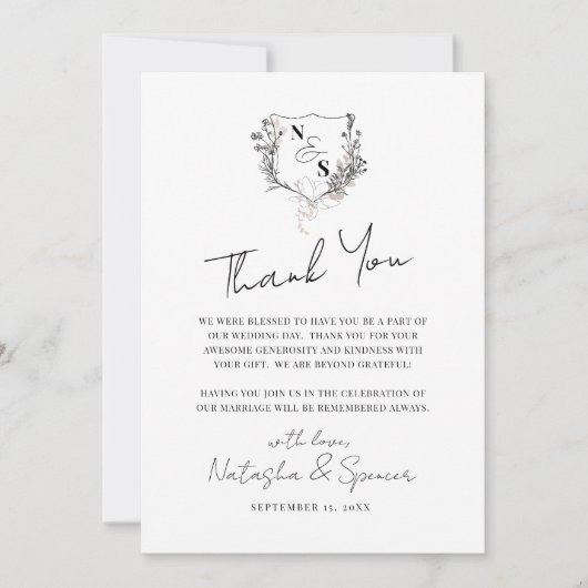 Formele zwart-wit bloemenkam monogram bruiloft bedankkaart (Voorkant)