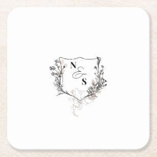 Formele zwart/wit Bloemkam Monogram Huwelijk Kartonnen Onderzetters