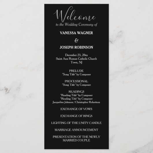 Formele zwart wit bruiloft programma namen programmakaart (Voorkant)