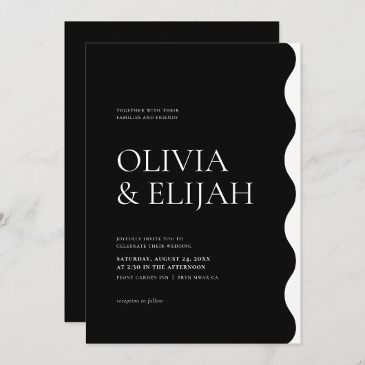 Formele Zwart & Wit Moderne Golvende Bruiloft Kaart (Voorkant / Achterkant)