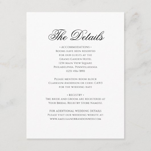 Formele zwart-wit monogram bruiloft details informatiekaartje (Voorkant)