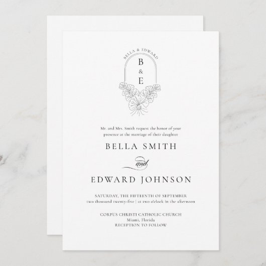 Formele zwart wit monogram bruiloft uitnodiging (Voorkant / Achterkant)