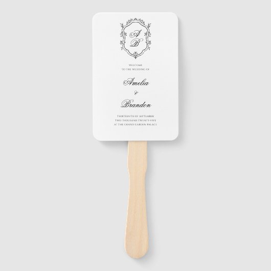 Formele Zwart Wit Monogram Crest Bruiloft Programm Handwaaier (Voorkant)