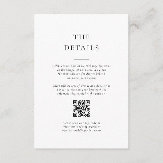 Formele zwart-wit QR Code Wedding Details Informatiekaartje (Voorkant)