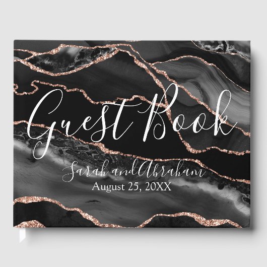 Formele Zwarte Agate Roze Gouden Glitter Bruiloft Gastenboek (Voorkant)