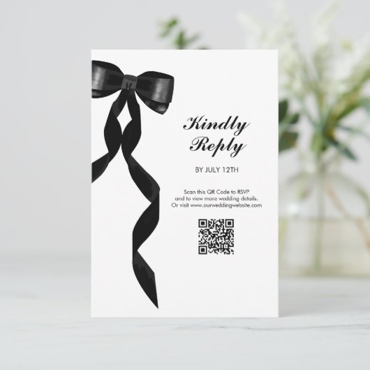 Formele zwarte boog lint elegante bruiloft informatiekaartje (Staand voorkant)