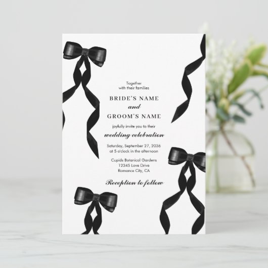 Formele zwarte boog lint elegante bruiloft kaart (Staand voorkant)