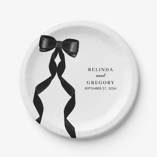 Formele zwarte boog lint elegante bruiloft papieren bordje (Voorkant)