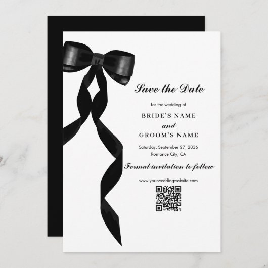 Formele zwarte boog lint elegante bruiloft save the date (Voorkant / Achterkant)