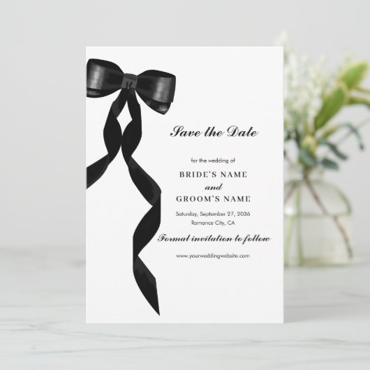 Formele zwarte boog lint elegante bruiloft save the date (Staand voorkant)