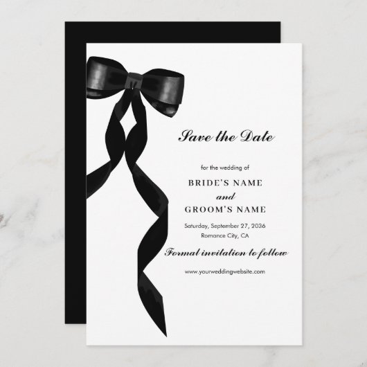 Formele zwarte boog lint elegante bruiloft save the date (Voorkant / Achterkant)