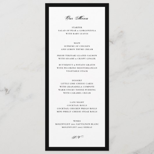 Formele Zwarte en Witte Bruiloft Menu (Voorkant)