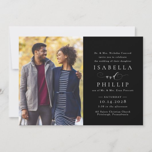 Formele zwarte en witte elegante fotobruiloft kaart (Voorkant)