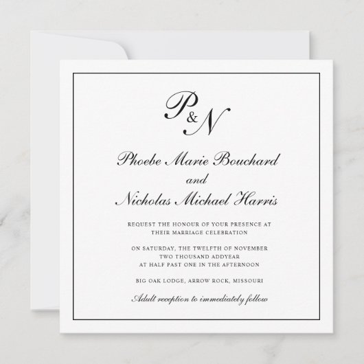 Formele zwarte en witte Monogram Square Weddenscha Kaart (Voorkant)
