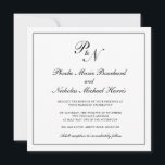Formele zwarte en witte Monogram Square Weddenscha Kaart<br><div class="desc">Traditionele en klastige uitnodiging voor een vierkant huwelijk met een eenvoudig design met uw twee initiaal monogram en uw namen in een elegante kalligrafie binnen een dunne rand. De achterkant is stevig zwart. Dit klassieke zwarte en witte ontwerp is perfect voor een formele bruiloft.</div>