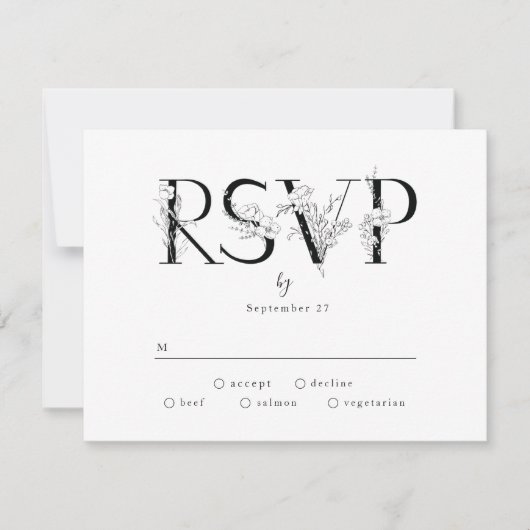 Formele zwarte Floral Letters Wedding RSVP Reactie (Voorkant)