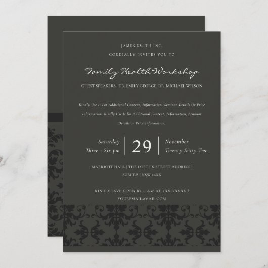 FORMELE ZWARTE GRIJZE DAMAST KLASSIEKE WORKSHOP EV KAART (Voorkant / Achterkant)