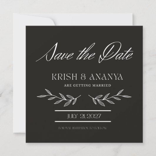 Formele zwarte save-the-date met witte letters kaart (Voorkant)