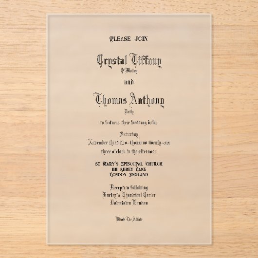 Formele zwarte Stropdas Affair Acryl Wed. Uitnodig Acryl Uitnodigingen (Voorkant)