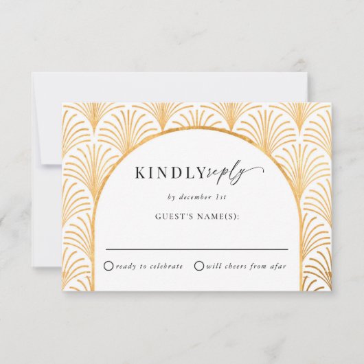 Formele Zwarte Stropdas Gouden Art Deco Wedding RS RSVP Kaartje (Voorkant)