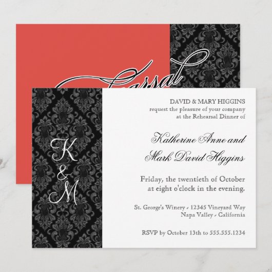 Formele zwarte witte Damask repetitie Invitae Kaart (Voorkant / Achterkant)