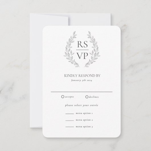 Formele zwarte witte Wreath Custom Wedding RSVP Kaartje (Voorkant)