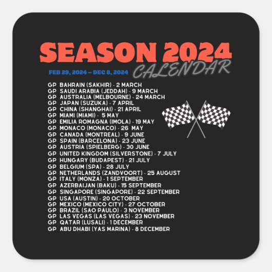 Formule 1, seizoen 2024, grand prix kalender vierkante sticker (Voorkant)