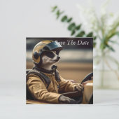 Formule Fun: Professioneel Meerkat autocoureur Save The Date (Staand voorkant)