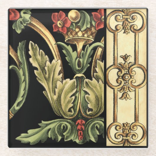 Fornamental Floral Design with Black Borders Glazen Onderzetter (Voorkant)