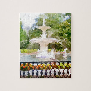Forsyth Fountain in Savannah GA Waterverf Print Legpuzzel