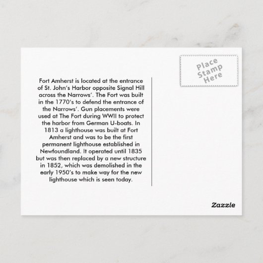 Fort Amherst Briefkaart (Achterkant)