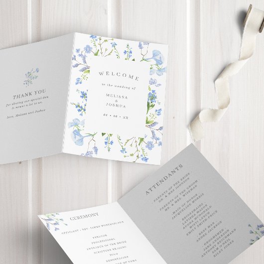 Fort blauw Waterverf Floral Wedding vouwd Programma