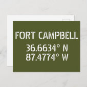 Fort Campbell Latitude-Briefkaart met lengtegraad Briefkaart (Voorkant / Achterkant)
