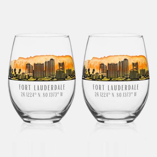 Fort Lauderdale Skyline & Coordinates Wijnglas Zonder Voet (Voorkant)