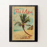Fort Myers Florida Palm Tree Beach Vintage Travel Legpuzzel<br><div class="desc">Fort Myers Florida ontwerp in Vintage Travel stijl met een palmboom op het strand met oceaan en lucht.</div>