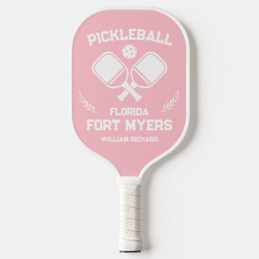 Fort Myers Florida US Roze en Wit Custom Pickleball Paddle (Voorkant)