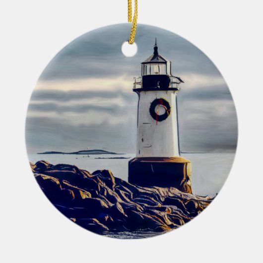 Fort Pickering Light met kerst Keramisch Ornament (Voorkant)