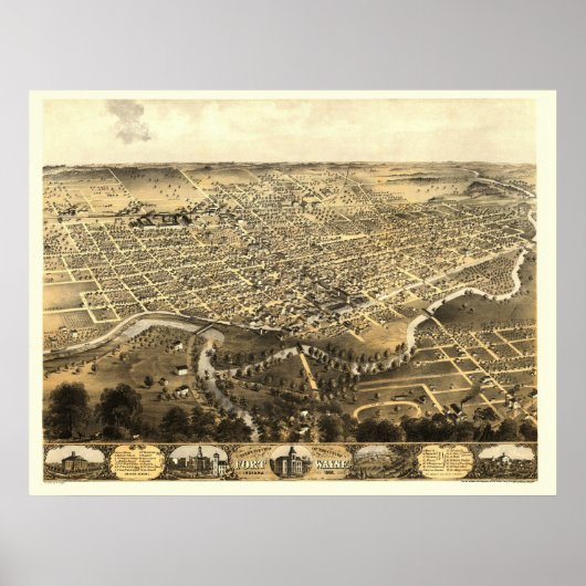 Fort Wayne, IN Panorama Map - 1868 Poster (Voorkant)