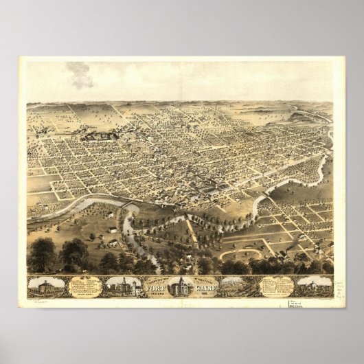 Fort Wayne Indiana 1868 Antiek Panorama Poster (Voorkant)