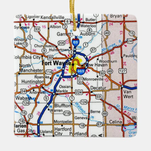 Fort Wayne Indiana Map Keramisch Ornament (Voorkant)