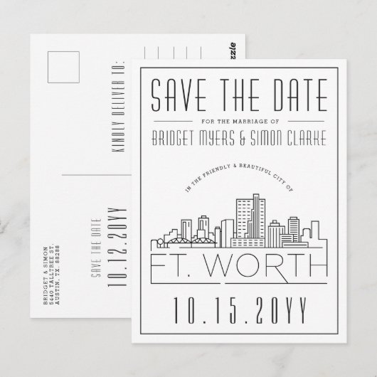 Fort Wort Wedding | Gestileerde skyline De datum o Briefkaart (Voorkant / Achterkant)
