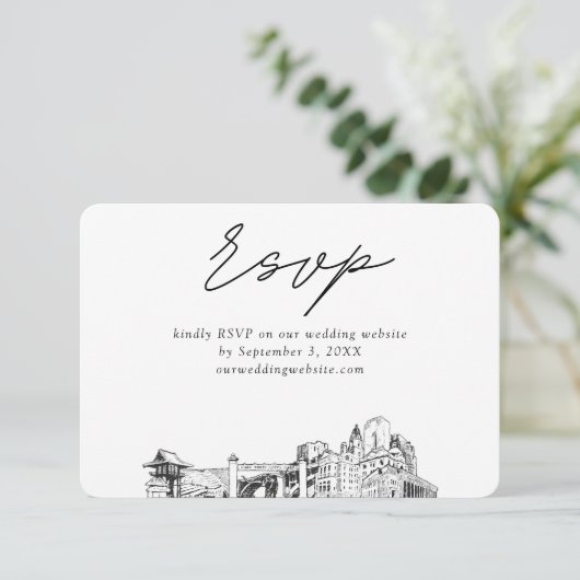 Fort Worth Bruiloft Minimalistische Schets RSVP Informatiekaartje (Staand voorkant)