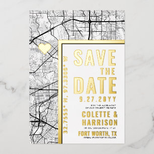 Fort Worth Love Locator   Bruiloft Bewaar de datum Folie Uitnodiging