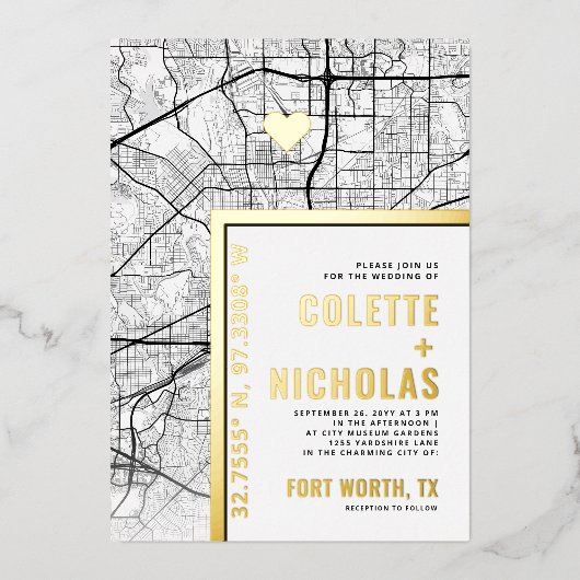 Fort Worth Love Locator | Stad thema bruiloft Folie Uitnodiging (Voorkant)